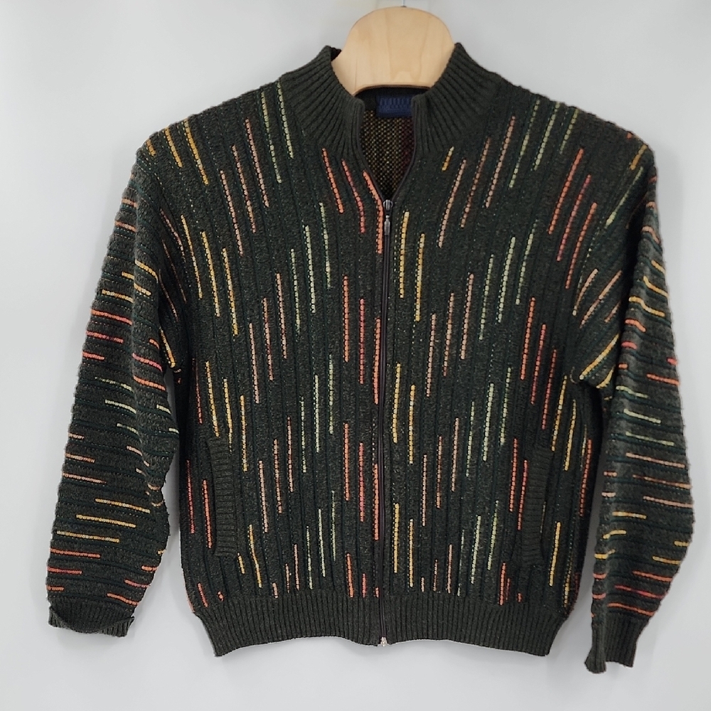 VINTAGE College by Marcazzani Mens Italian Multicolor Full-Zip Sweater Pockets